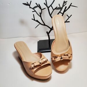 VNC Blush Wedge Slides with Bow Tie Gold Hardware